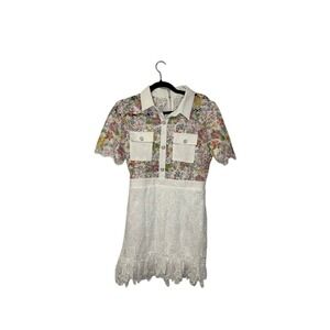 U Peach Floral Lace Mini Dress White Collar Short Sleeve Party Cocktail Medium